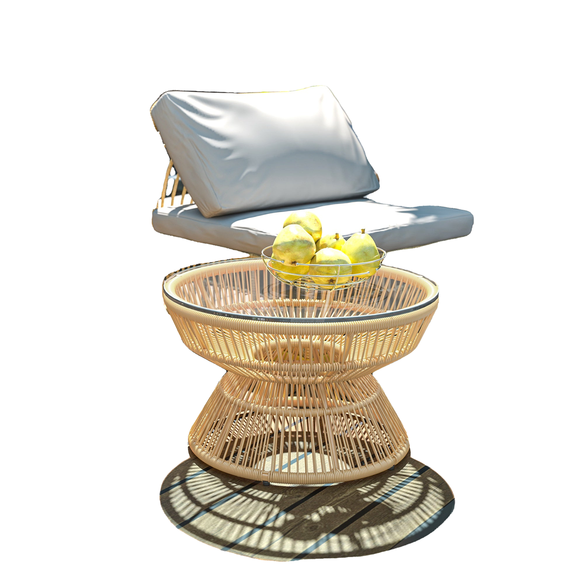 Rattan Outdoor Coffee Table, Patio End Table with Tempered Glass Tabletop & Steel Frame, Wicker Furniture, Nature Wood