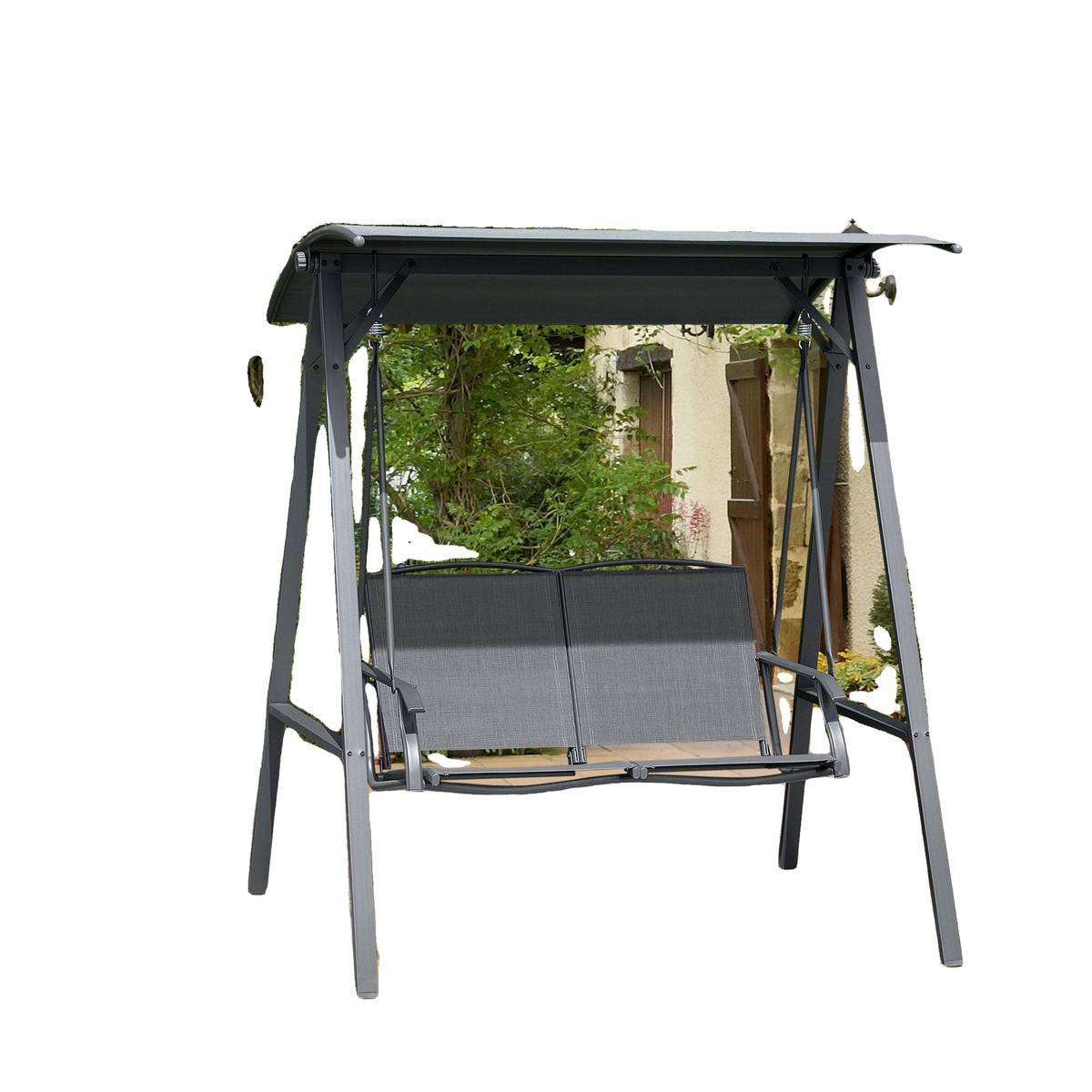 2-Seat Outdoor Porch Swing Patio Swing with Adjustable Canopy, Removable Seat and and Steel Frame for Garden, Poolside