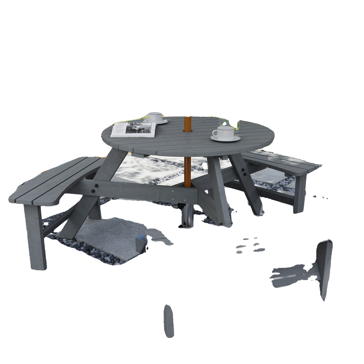 6 Person Round Picnic Table Bench Set with Umbrella Hole, Wood Patio Table with 3 Built-in Benches for Garden, Deck, Backyard, Grey