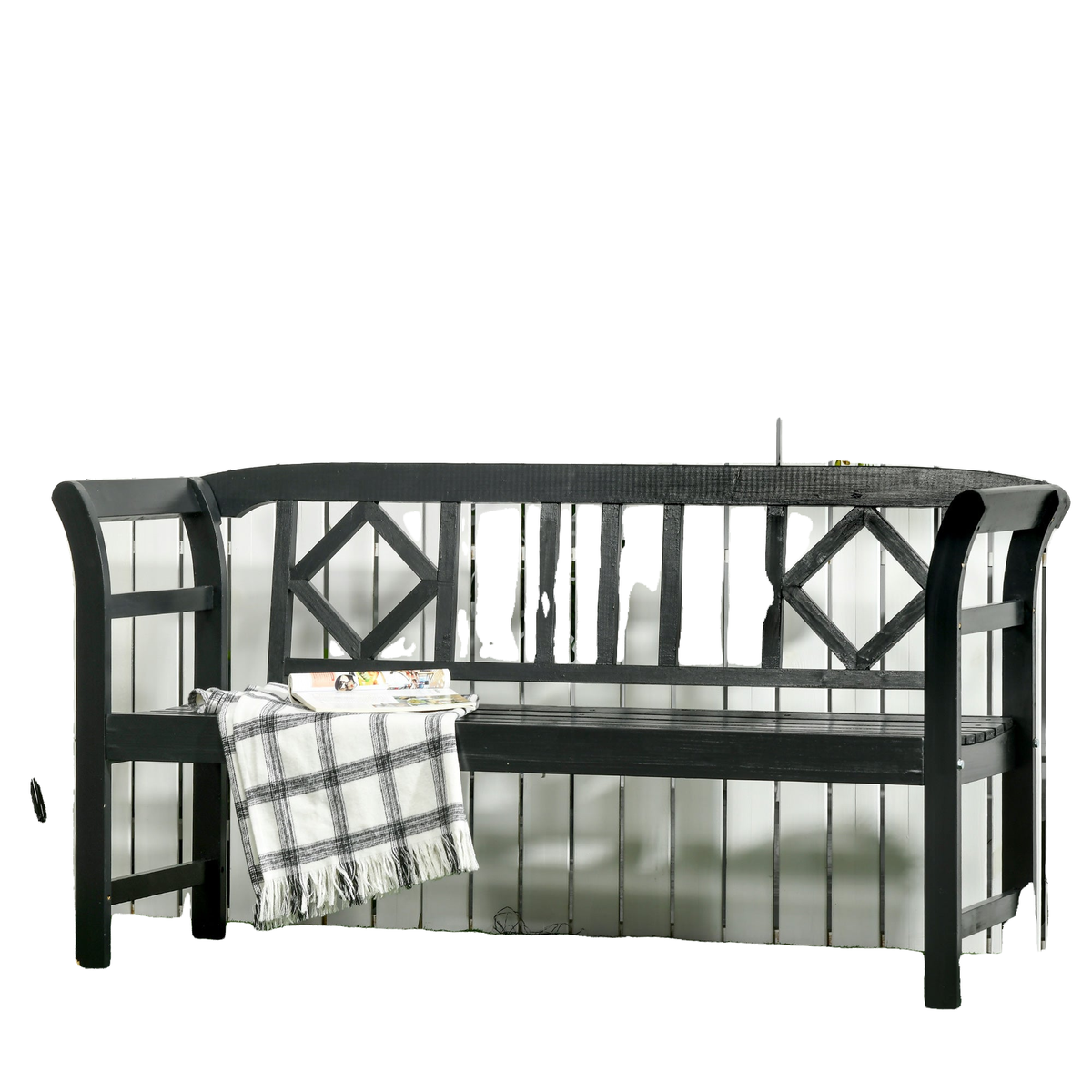 Wooden Outdoor Bench, 3 Person Patio Garden Bench with Diamond Pattern Backrest, Slatted Seat, 792 LBS Capacity, Black