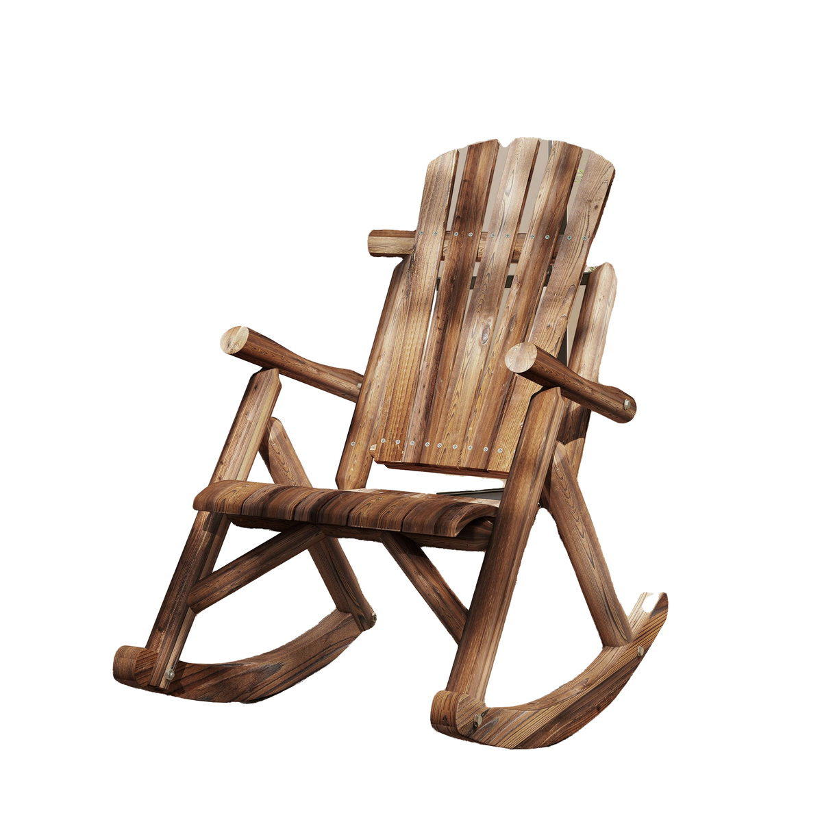 Wooden Outdoor Rocking Chair, Oversized Adirondack Patio Rocker with High Back and Slatted Seat, Carbonized