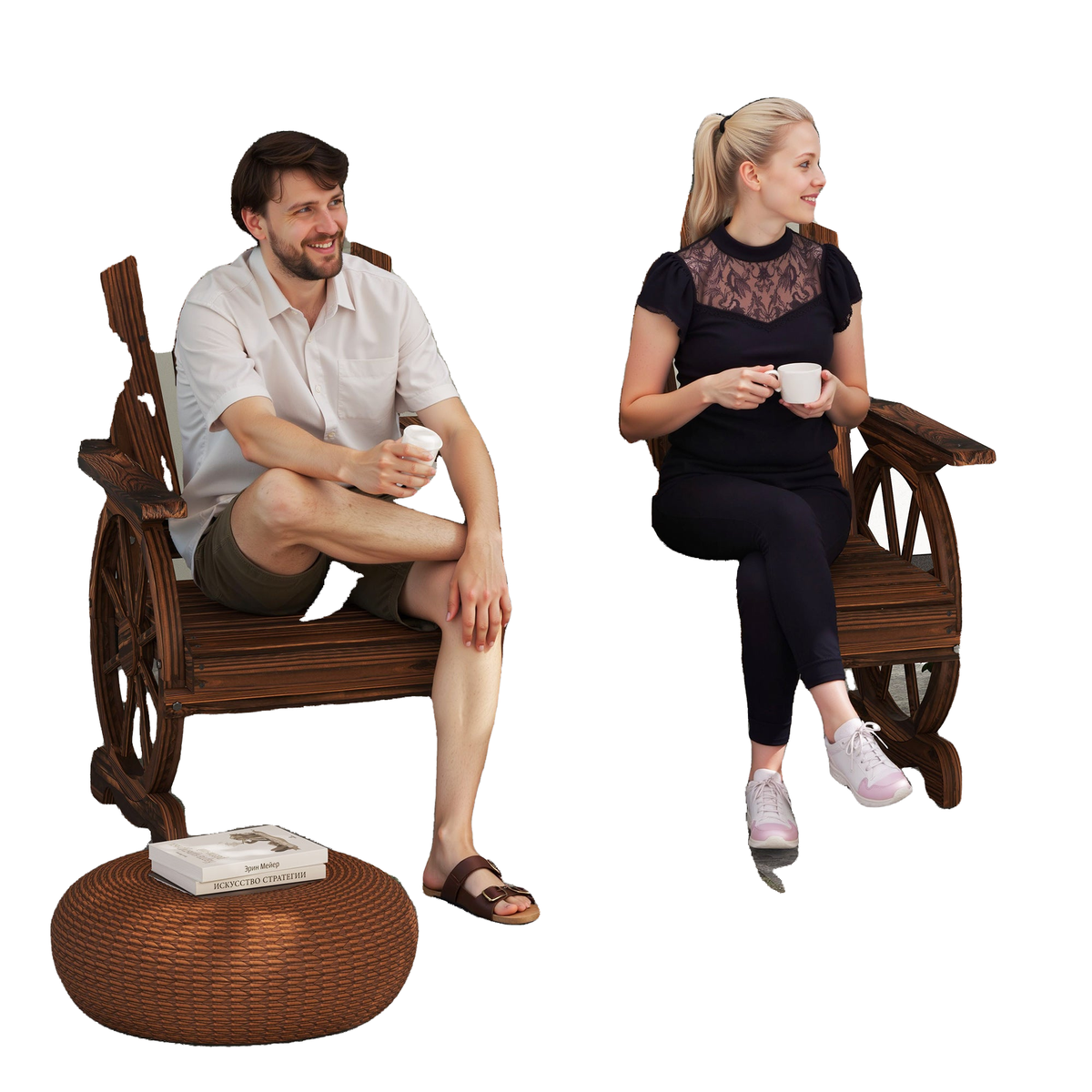Wooden Outdoor Loveseat, Wagon Wheel Outdoor Bench with Table, Carbonized