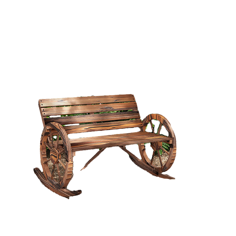 Rocking Outdoor Bench, Wood Outdoor Loveseat with Wagon Wheel Armrests, Carbonized