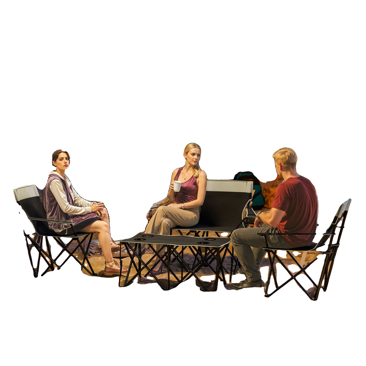 4 Piece Folding Camping Table and Chairs, Outdoor Lawn Chair Set w/ Table, Cup Holders for Hiking, Picnic, Grey