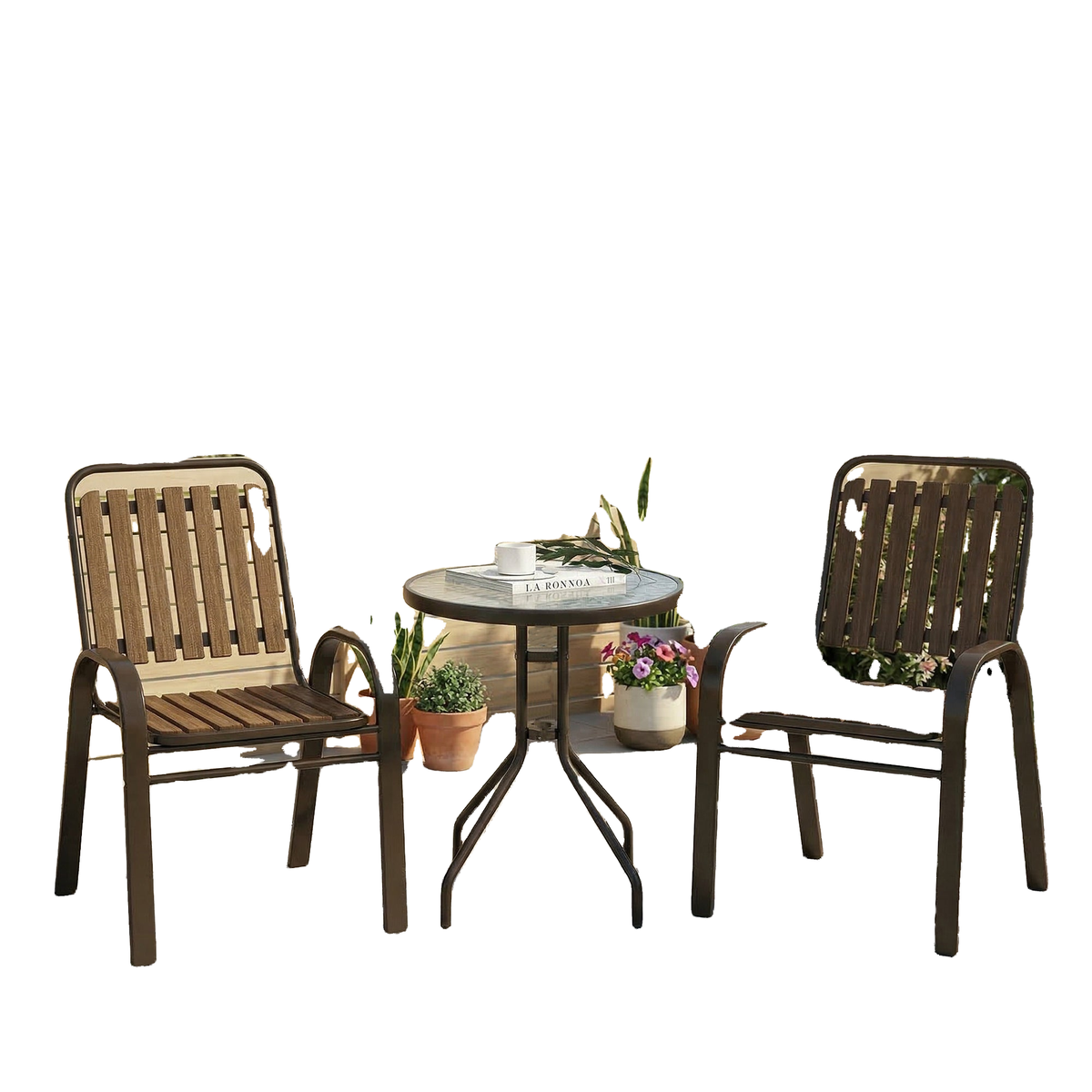 3 Pieces Patio Bistro Set, 2 Stackable Chairs with Tempered Glass Table, for Outdoor, Garden Backyard Porch, Dark Brown