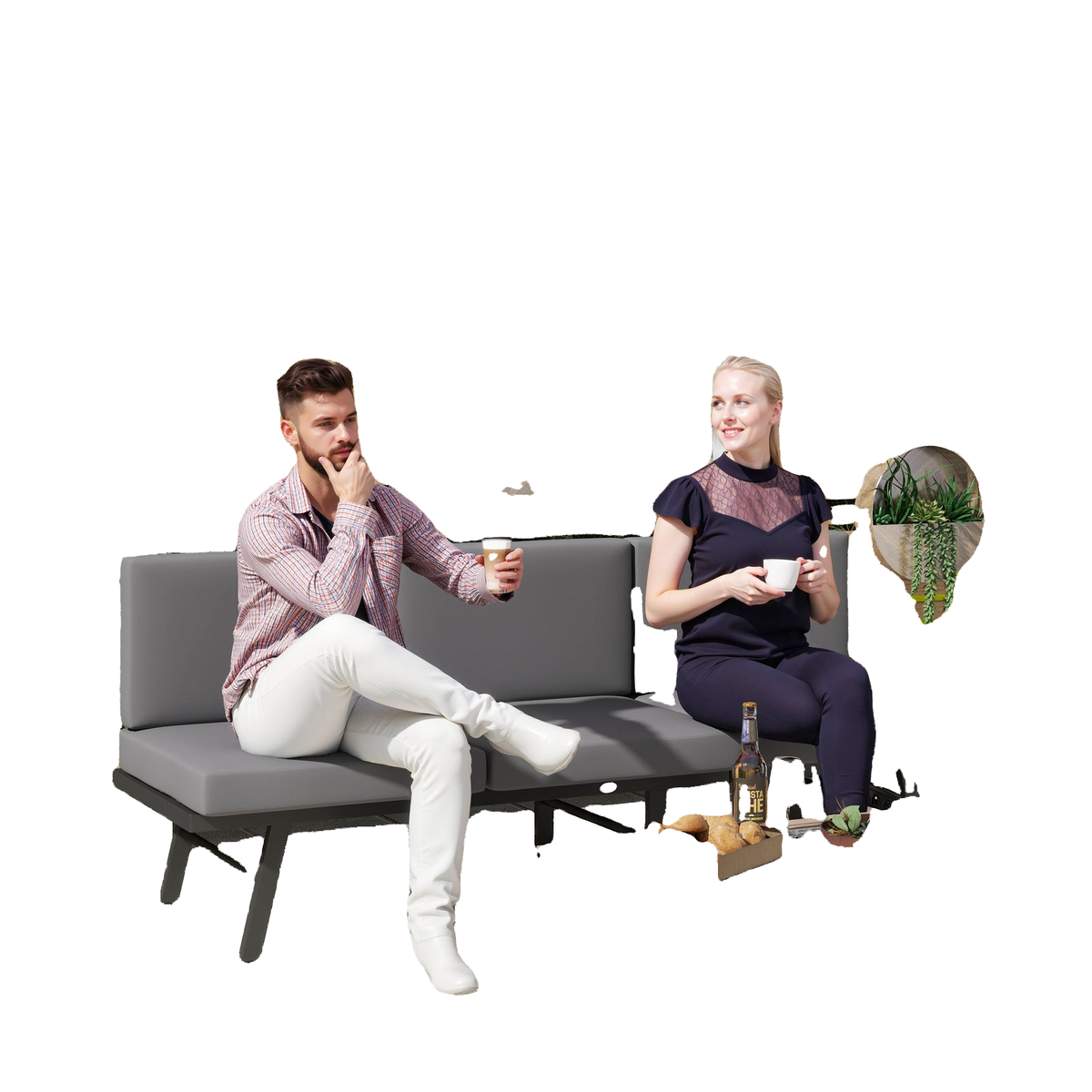 3-in-1 3-Seater Outdoor Sofa, Lounge Chair with 5-Position Adjustable Back, Patio Loveseat with Folding Table, Grey