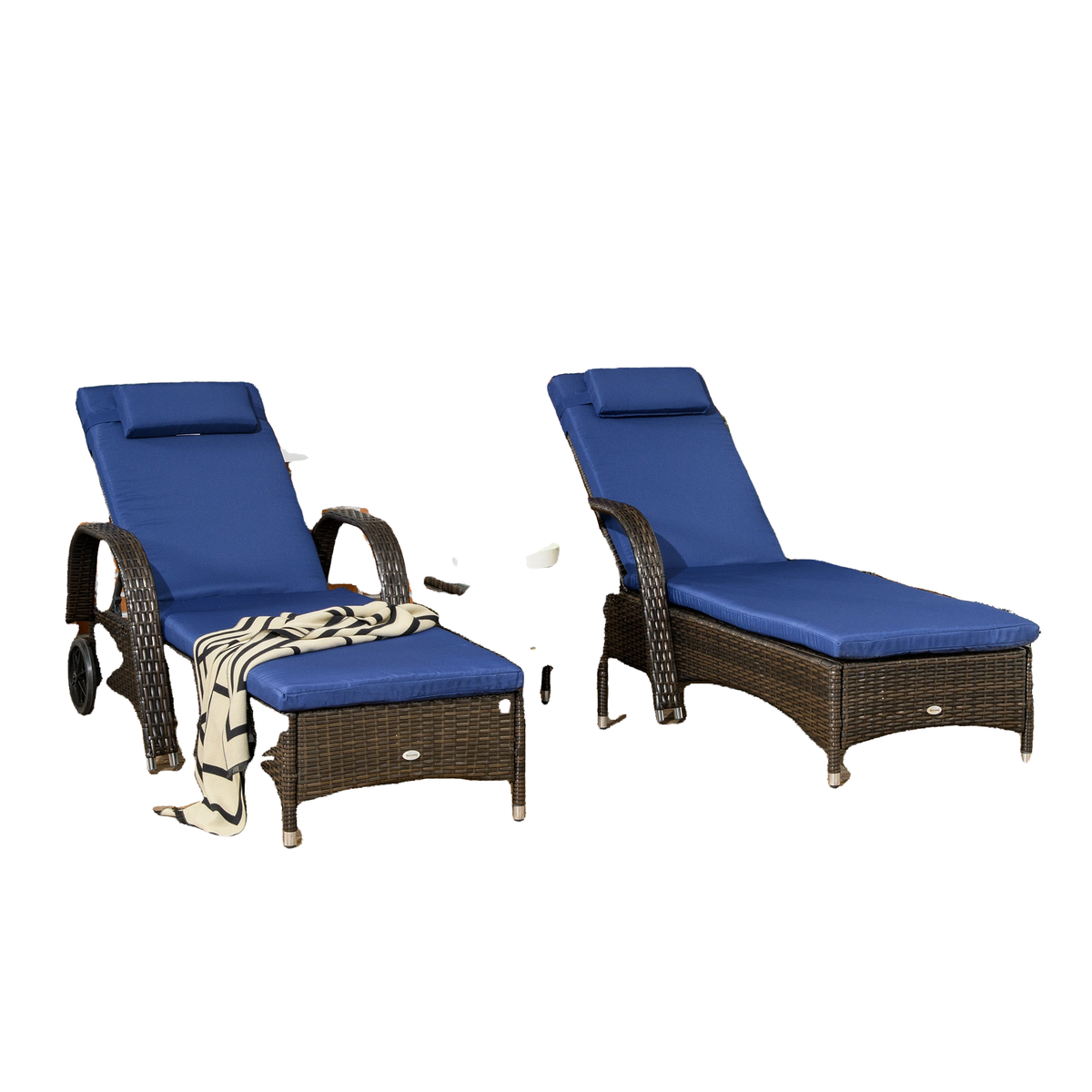 Patio Rattan Lounge Set, Wheeled Wicker Chaise Lounge Chair and Table with Tempered Glass Top, Dark Blue