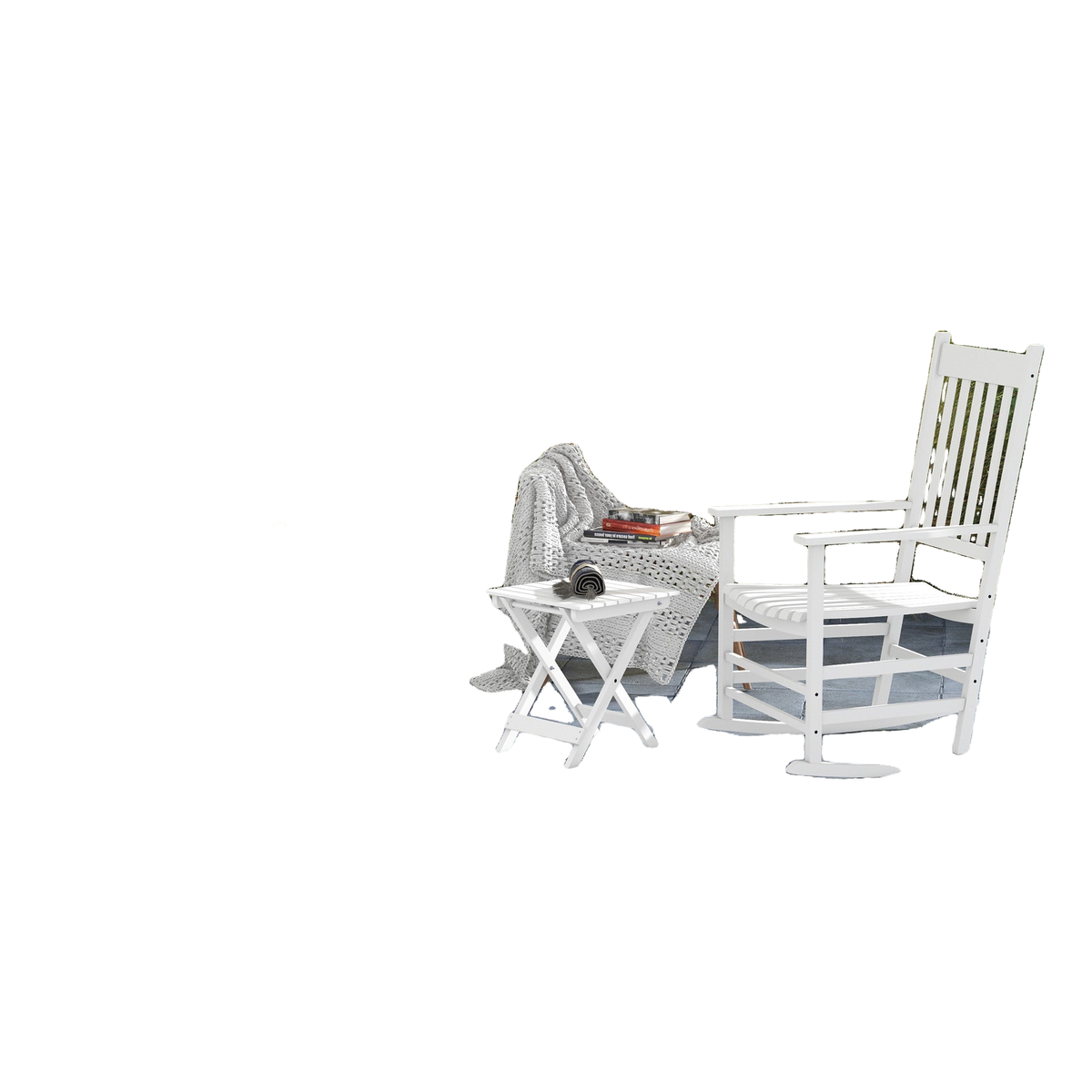 3 Pieces Outdoor Rocking Chair Set, Wooden Patio Rocking Chair Set with Folding Table, High Back and Armrests, White