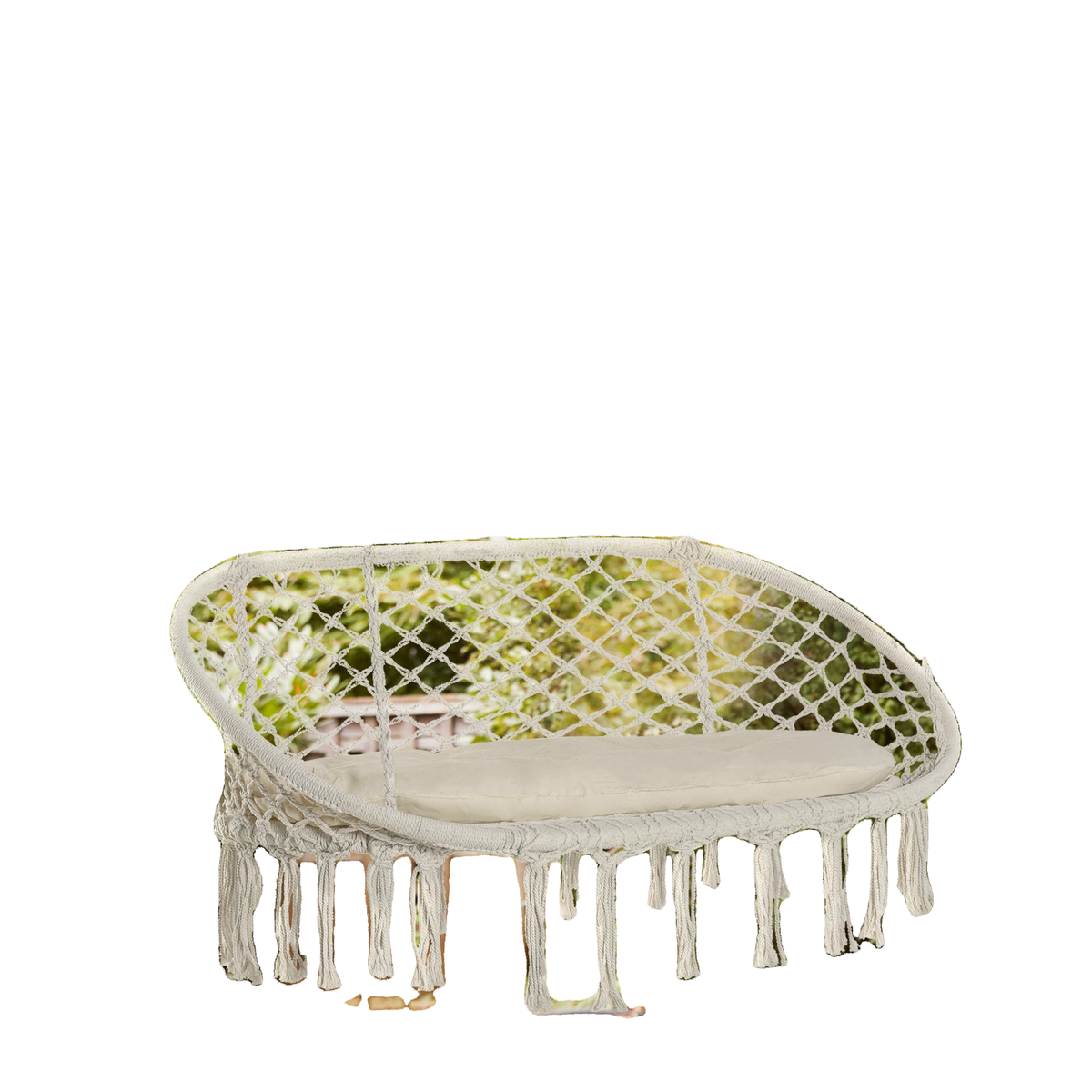 Patio Hammock Chair 2 Seat, Hanging Rope Hammock Swing Chair with Metal Frame and Cushion, Large Macrame Seat for Indoor and Outdoor 396 lbs Capacity, Cream White
