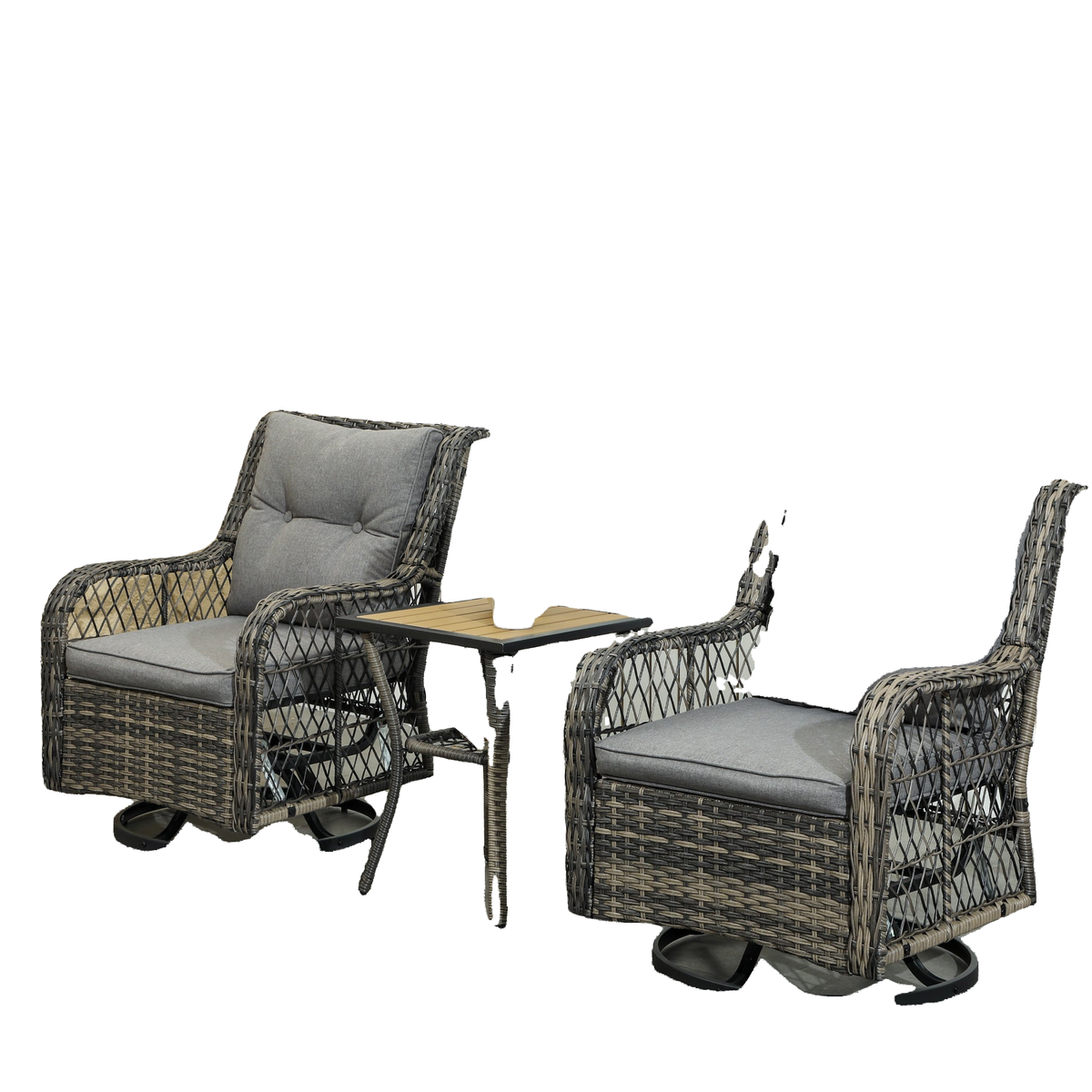 3 Piece Outdoor Bistro Set, Wicker Patio Furniture Set with Swivel Glider Chairs for Balcony, Porch, Grey