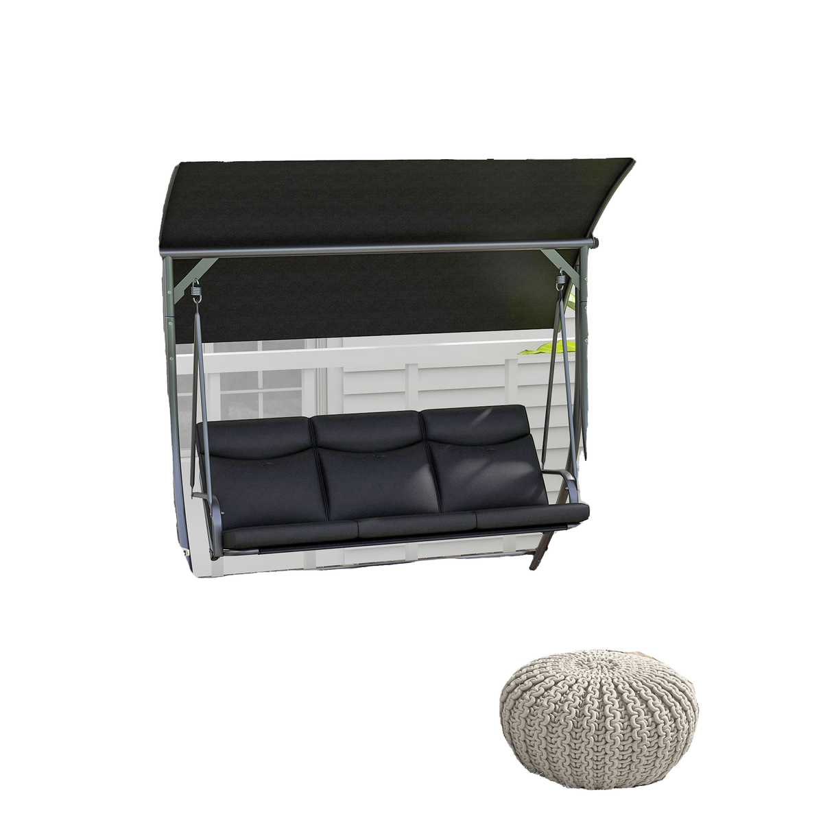 3-Seat Outdoor Swing Chair Steel Swing Bench with Adjustable Canopy & Coffee Tables & Cushion for Patio Garden, Black