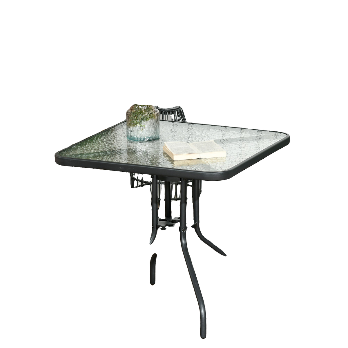 Square Patio Dining Table with Umbrella Hole Tempered Glass Top Outdoor Dining Table for Garden Balcony Black