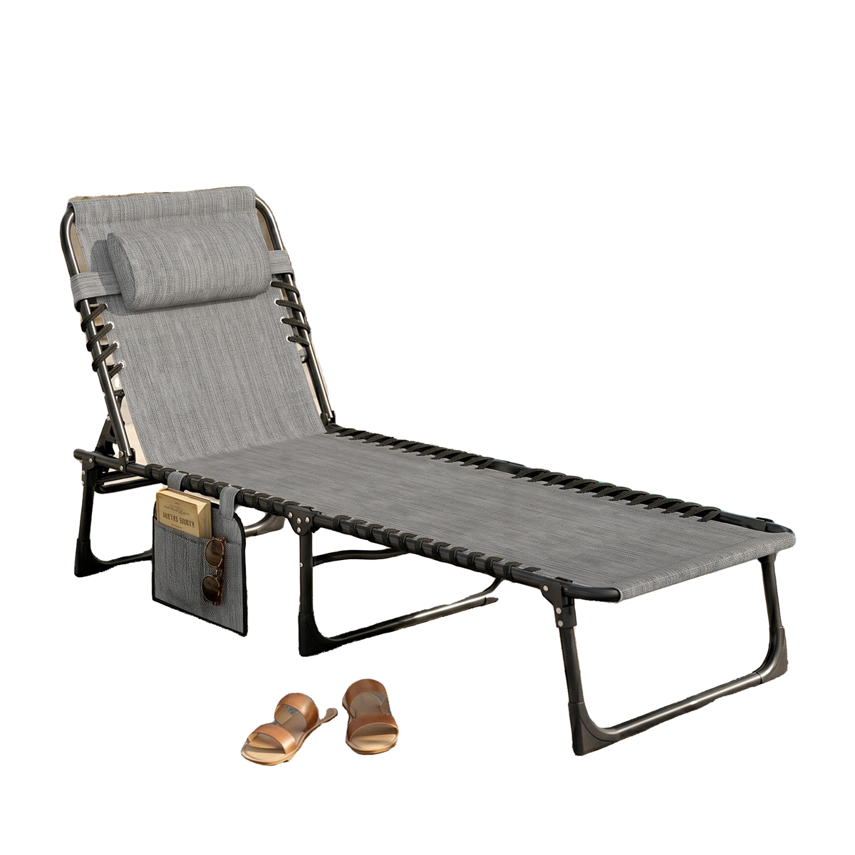 Outdoor Folding Chaise Lounge, Reclining Lounge Chair with Adjustable Backrest and Removable Pillow, Mixed Grey