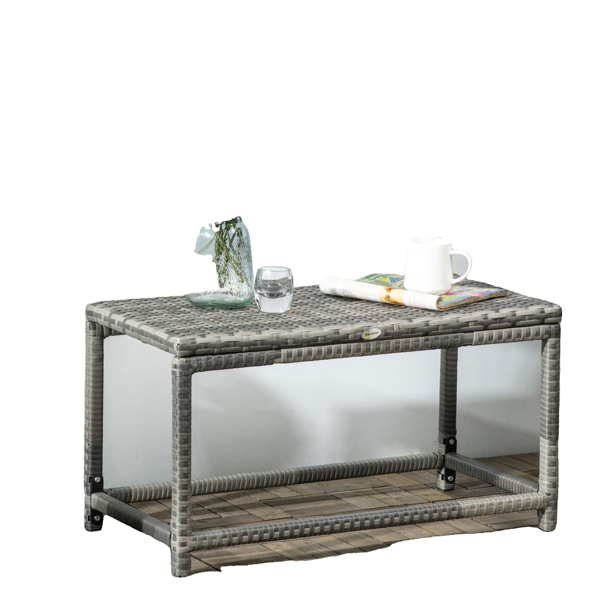 Patio Rattan End Table, Outdoor Side Table with Full Woven Table Top for Garden, Balcony, Mixed Grey
