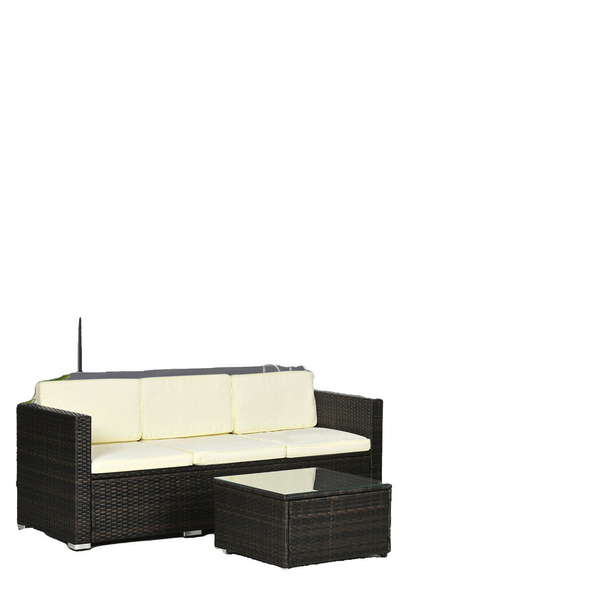 3 Pieces Patio Furniture Set with Cushions, Outdoor PE Rattan Wicker Conversation Corner Sofa Set with Glass Top Table and Adjustable Foot for Garden, Lawn, Cream White