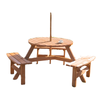 6 Person Round Picnic Table Bench Set with Umbrella Hole, Wood Patio Table with 3 Built-in Benches for Garden, Deck, Backyard, Brown