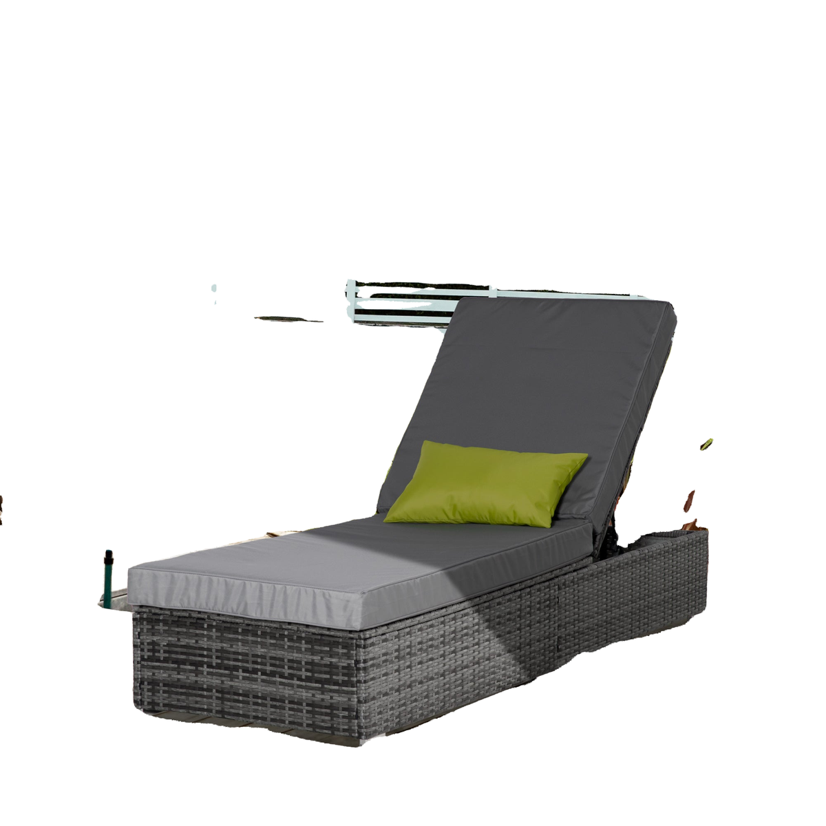 Patio Wicker Lounger, Outdoor PE Rattan Single Chaise Lounge w/Adjustable Recliner Backrest, Cushion, & Pillow, Grey