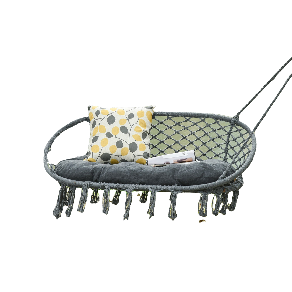 Patio Hammock Chair 2 Seat, Hanging Rope Hammock Swing Chair with Metal Frame and Cushion, Large Macrame Seat for Indoor and Outdoor 396 lbs Capacity, Dark Grey