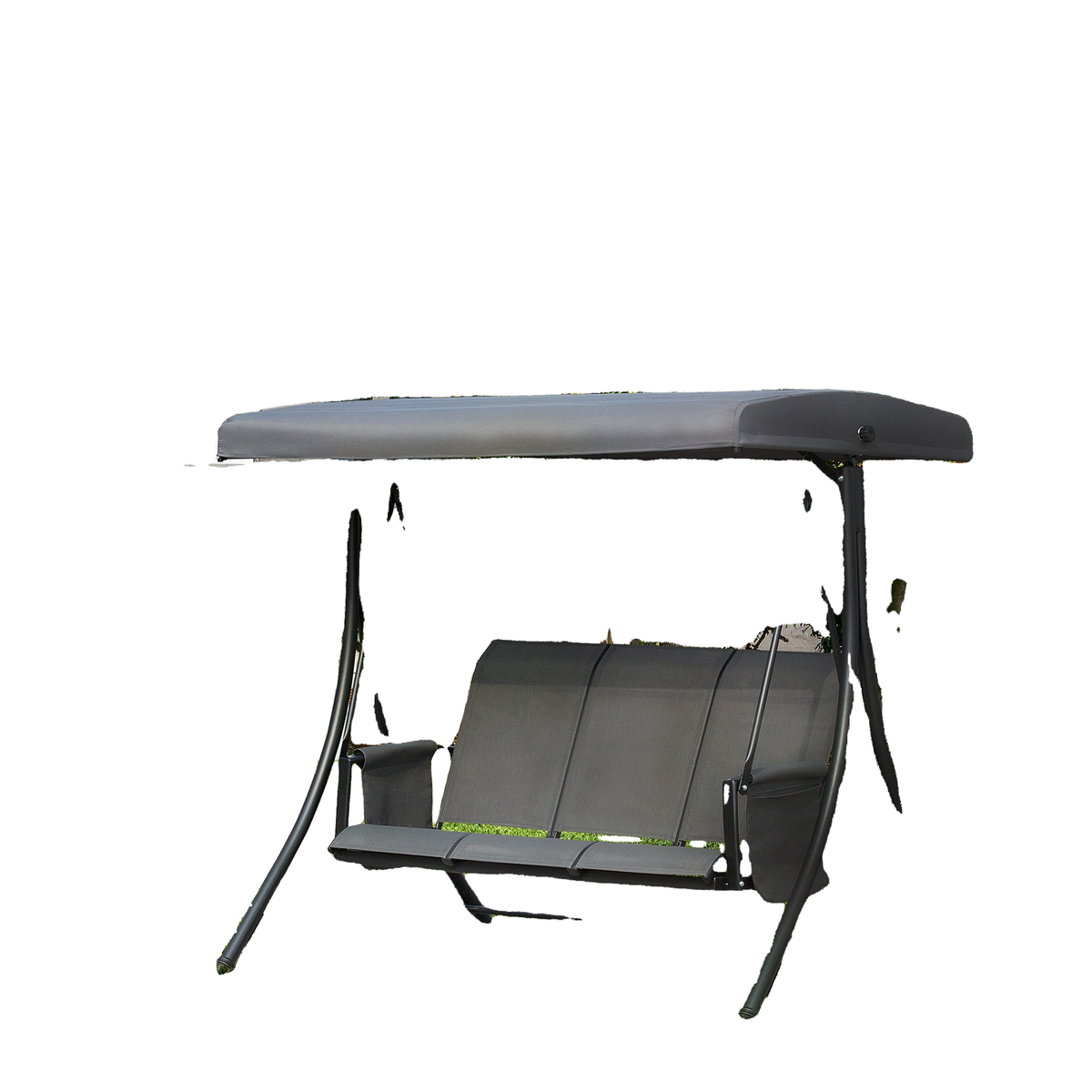 3 Person Porch Swing Outdoor Swing Chair with High Back Design, Side Pouches and Adjustable Canopy, Dark Grey