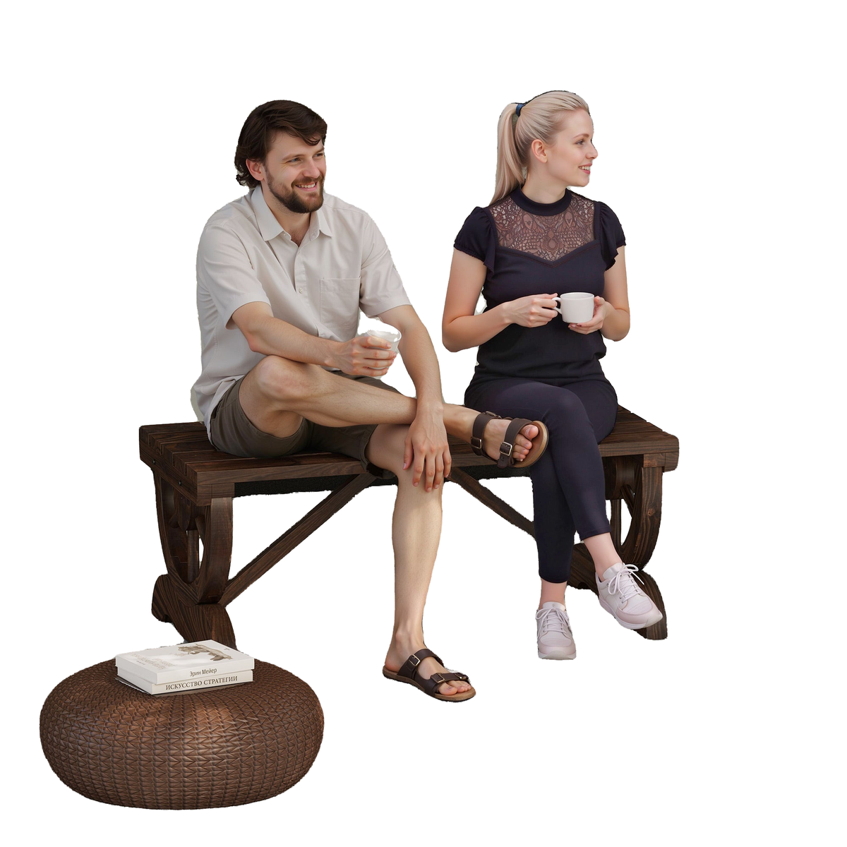 Rustic Wood Wheel Outdoor Garden Bench for 2-Person with a Unique Wheel Design on the Legs & Strong Build, Brown