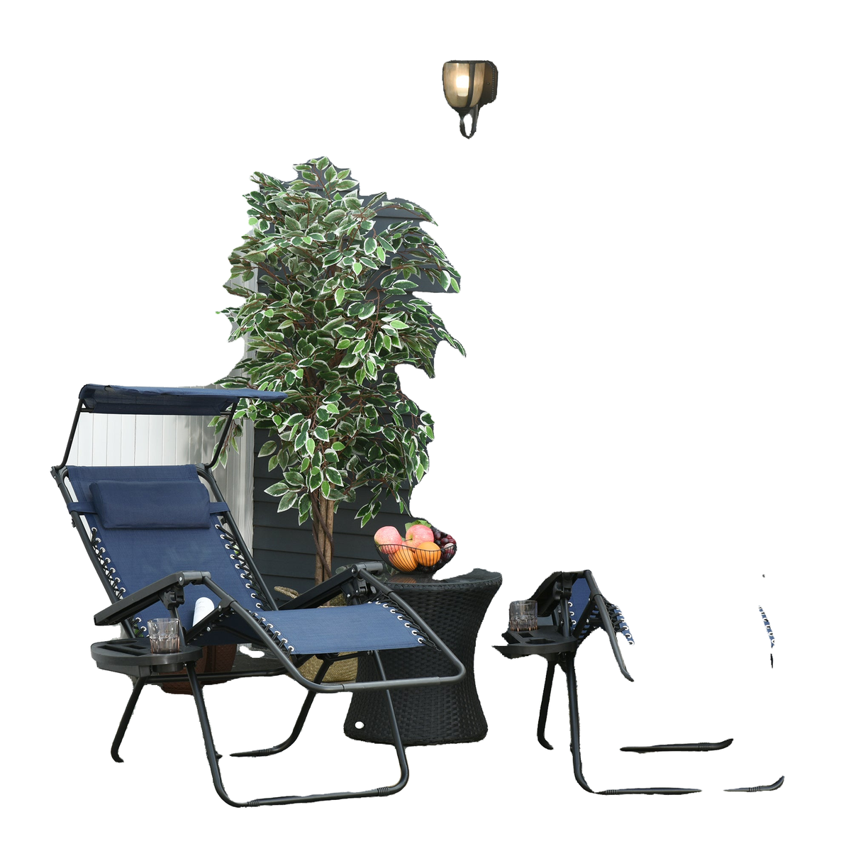 Zero Gravity Chair Set of 2 with Canopy Shade, Outdoor Folding Lounge Chair with Side Tray, Cup Holder, Reclining Lounger with Breathable Mesh Seat and Pillow, Blue