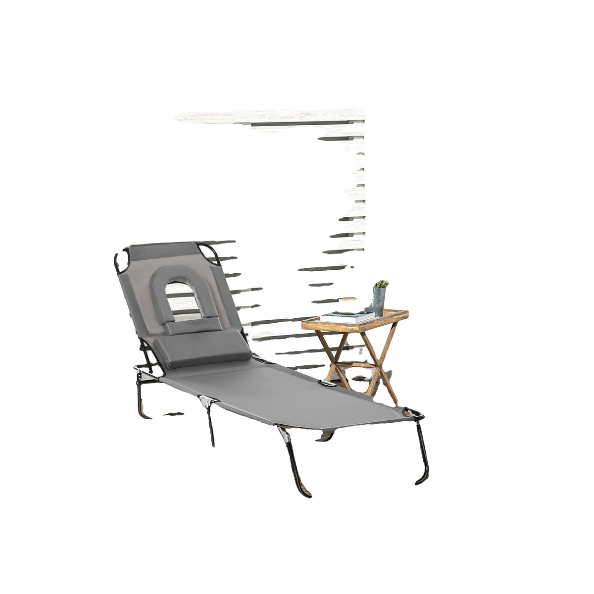 Adjustable Outdoor Lounge Chair, Garden Folding Chaise Lounge with Face Hole Reclining Tanning Chair Seat, Folding Camping Beach Lounging Bed w/ Support Pillow, Grey