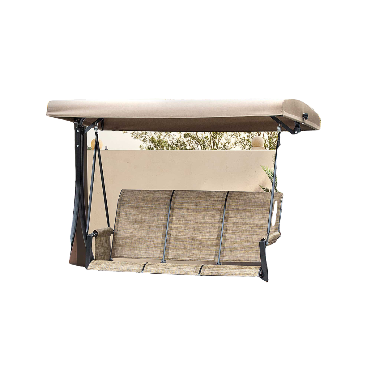 3 Person Porch Swing Outdoor Swing Chair with High Back Design, Side Pouches and Adjustable Canopy, Brown