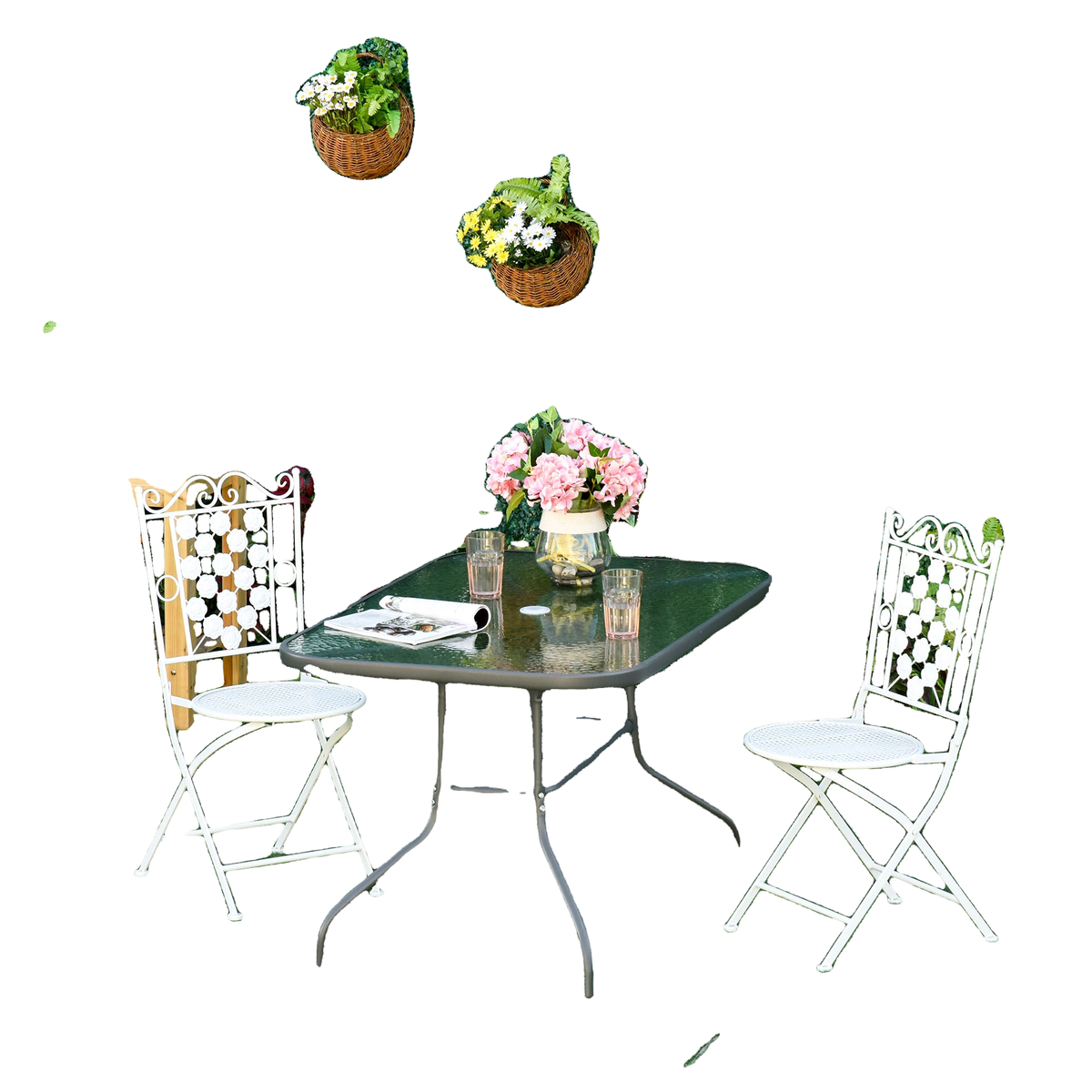 Metal Garden Dining Table with Umbrella Hole, Outdoor Patio Table with Tempered Glass Top, 47.25" x 31.5"