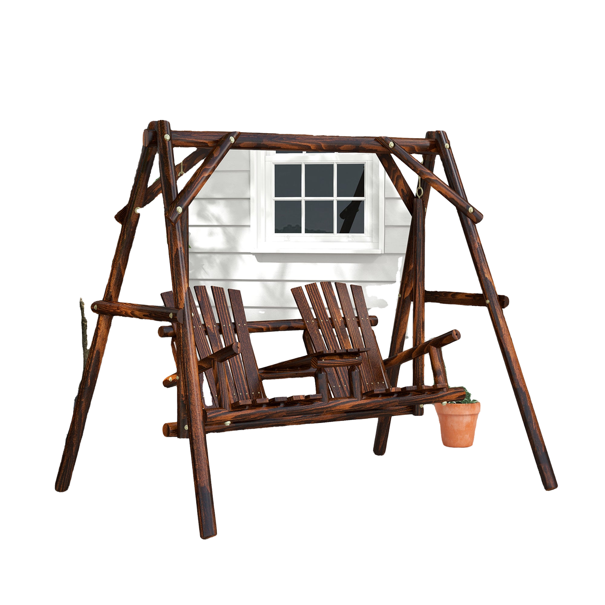 Wooden 2-Seat A-Frame Porch Swing Rustic Patio Bench Outdoor Furniture w/ Table