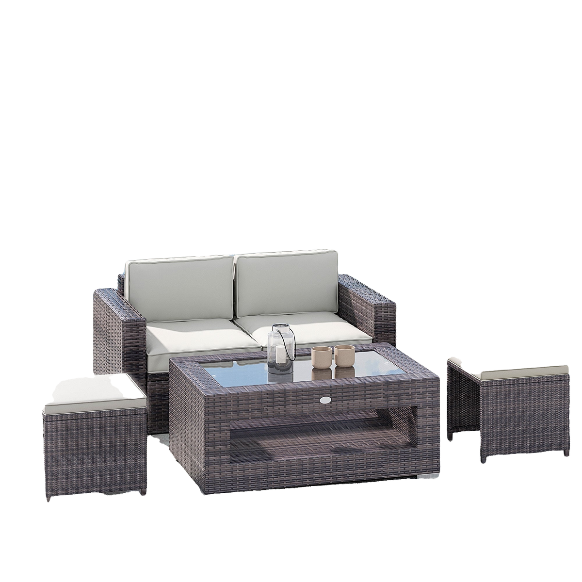 2-Tier Rattan Patio Coffee Table Wicker Patio Tea End Desk with Tempered Glass Top & Storage for Balcony, Backyard, Poolside