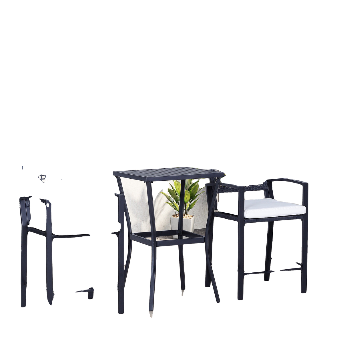 3 Pieces Outdoor Wicker Bar Set, Classic Bistro Bar Set Garden Rattan Style Patio Bar Table & High Chairs w/ Cushions Home Bar Furniture, Cream White
