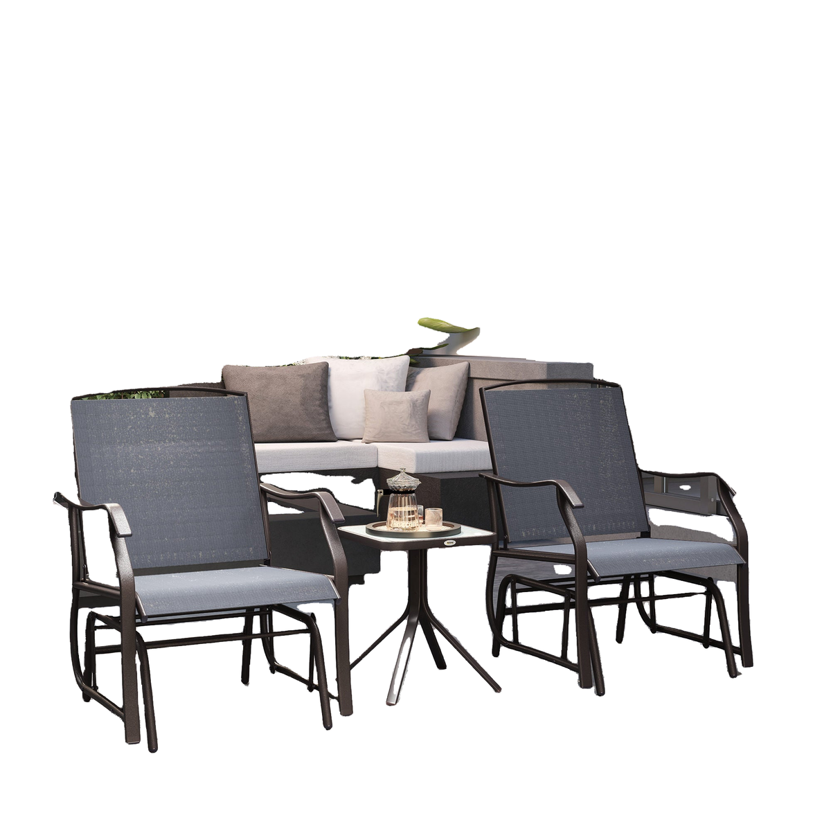 3 Piece Patio Glider Set Outdoor Gliders with Breathable Mesh Seat, Glass Top Table for Garden, Yard, Grey