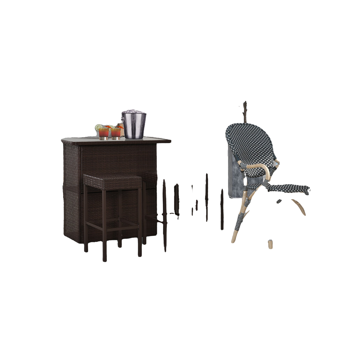 5 Pieces Patio Bar Set, Outdoor PE Rattan Wicker High Top Outdoor Table and Chairs Outdoor Bar Set with Tempered Glass Top Bar Table and Shelves, 4 Bar Chairs, Dark Brown