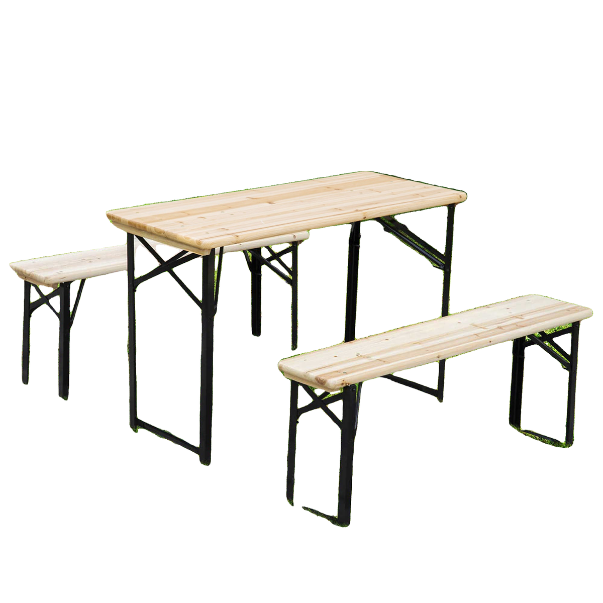3 Pieces Folding Picnic Table Set, Portable Folding Picnic Table and Benches with Steel Frame for Garden, Park, Natural Wood