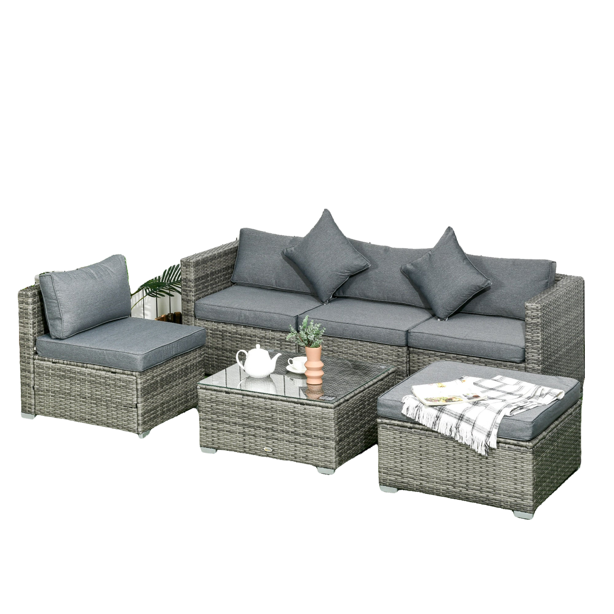 6 Pieces Outdoor PE Rattan Wicker Patio Furniture Sofa Set with Thick Cushions, Deluxe Garden Sectional Couch with Glass Top Table, Mixed Grey and Dark Grey
