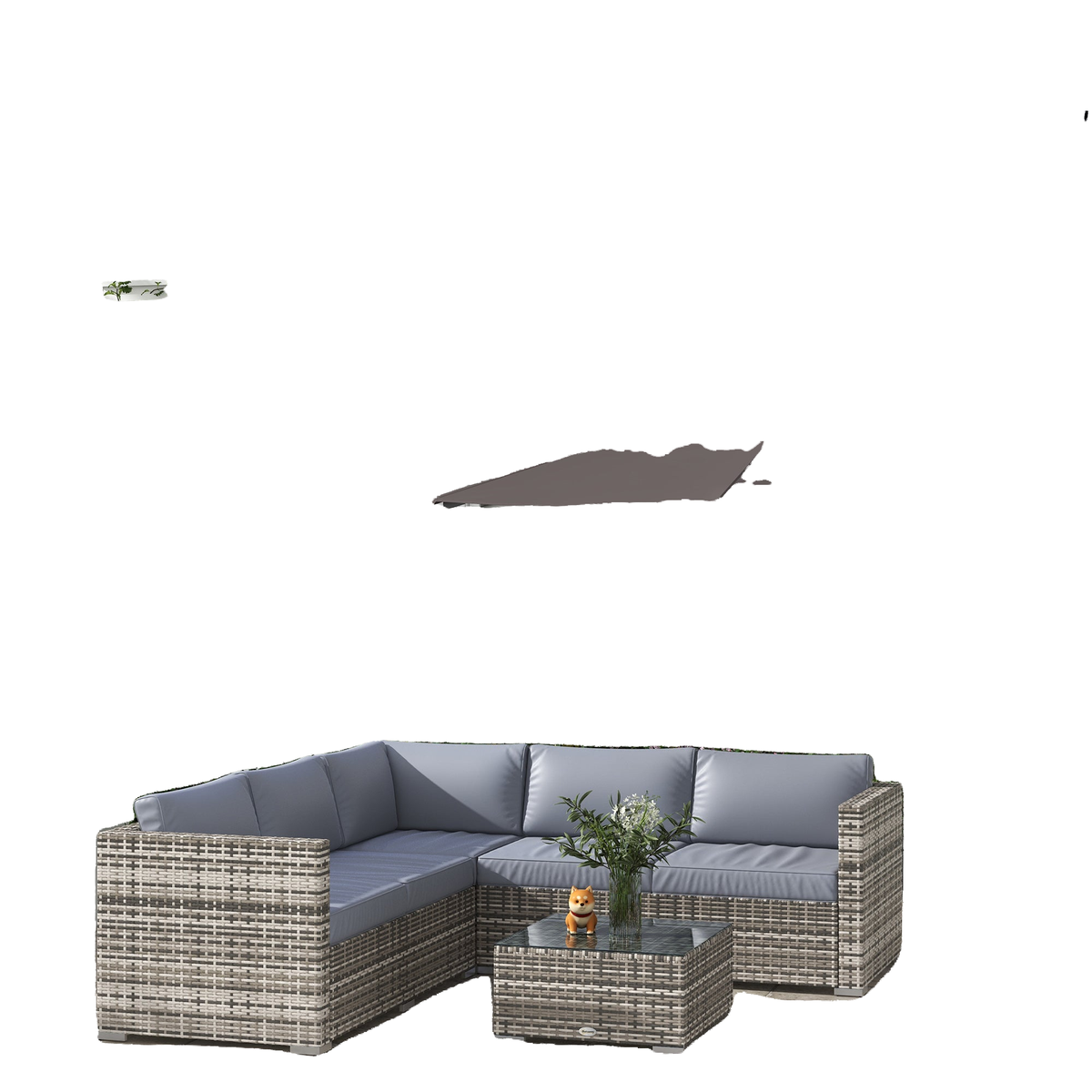 4 Pieces Rattan Wicker Outdoor Conversation Furniture Set w/ Corner Sofa Loveseats Coffee Table Cushions, Grey