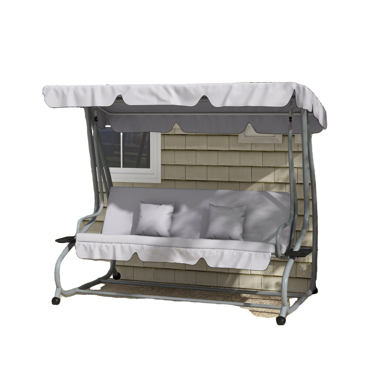 Outdoor 3-Seater Patio Swing Chair, Outdoor Swing Seat, with Adjustable Canopy and Two Pillows for Garden, Light Grey