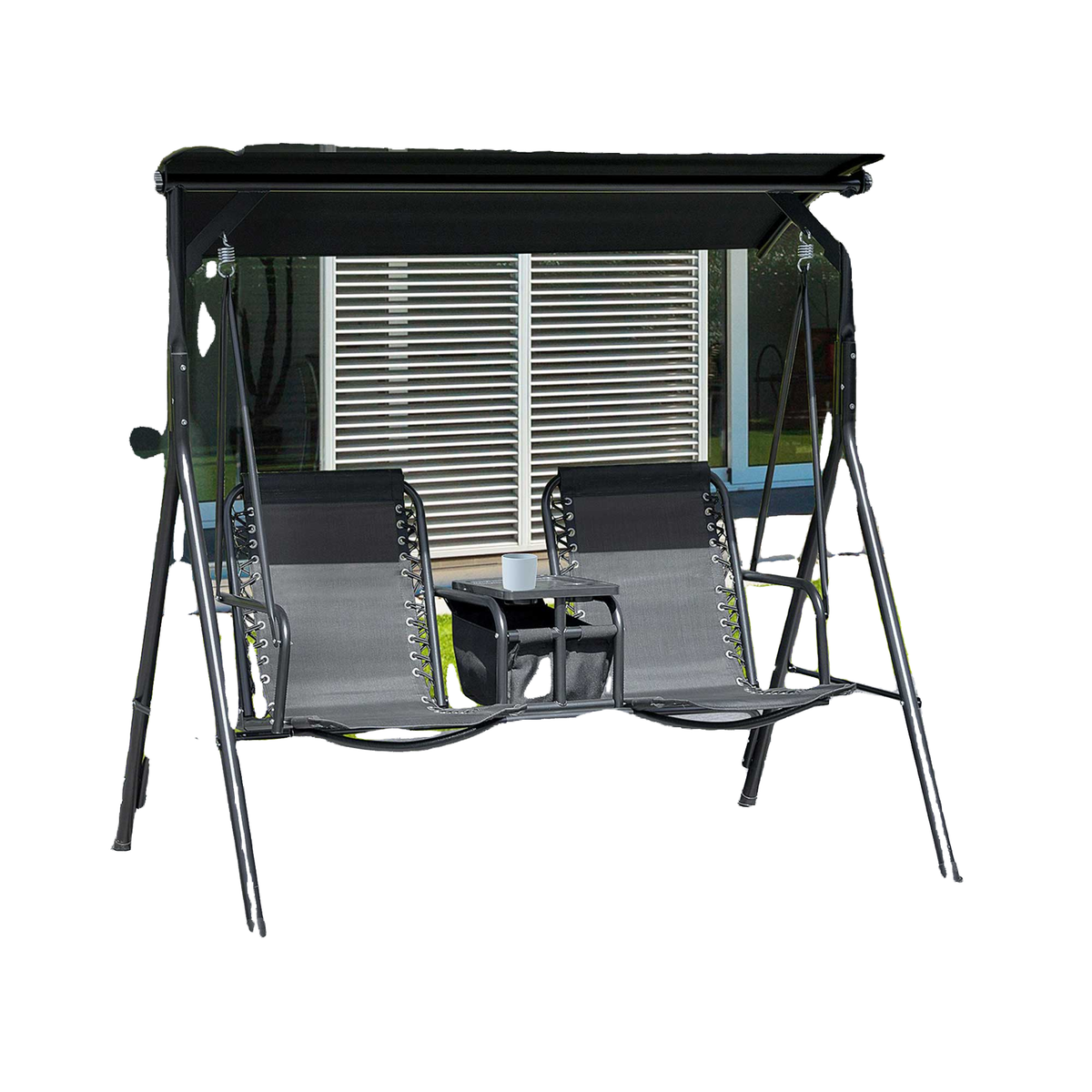 2 Person Covered Porch Swing Patio Swing with Pivot Storage Table, Cup Holder, & Adjustable Overhead Canopy, Black