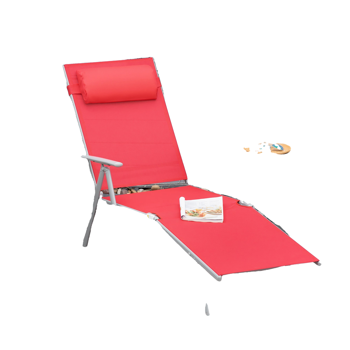 Outdoor Folding Chaise Lounge Chair Steel Portable Recliner with 7 Adjustable Backrest Positions, Red