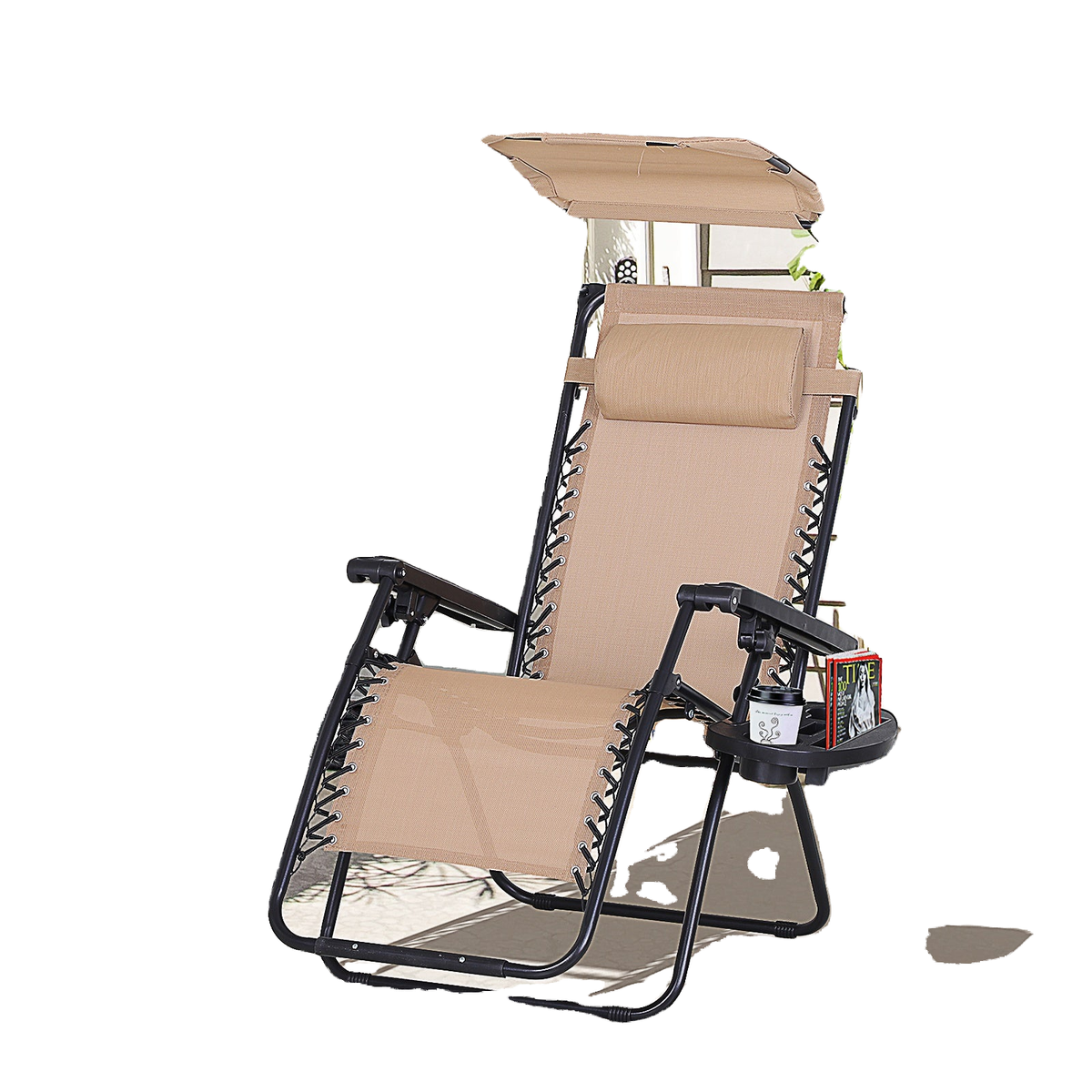 Outdoor Zero Gravity Reclining Lounger Chair with Canopy Shade, Side Tray, Cupholder, Beige