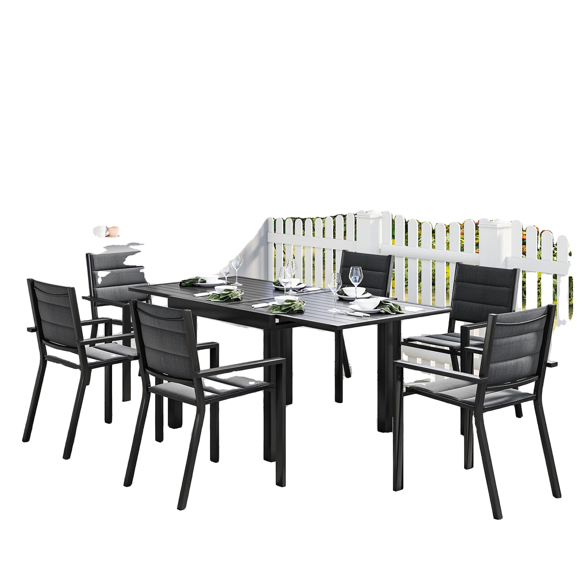 Patio Dining Set for 6, Aluminum Expandable Outdoor Table and 6 Stackable Chairs with Padded Back, Mesh Seat, Black