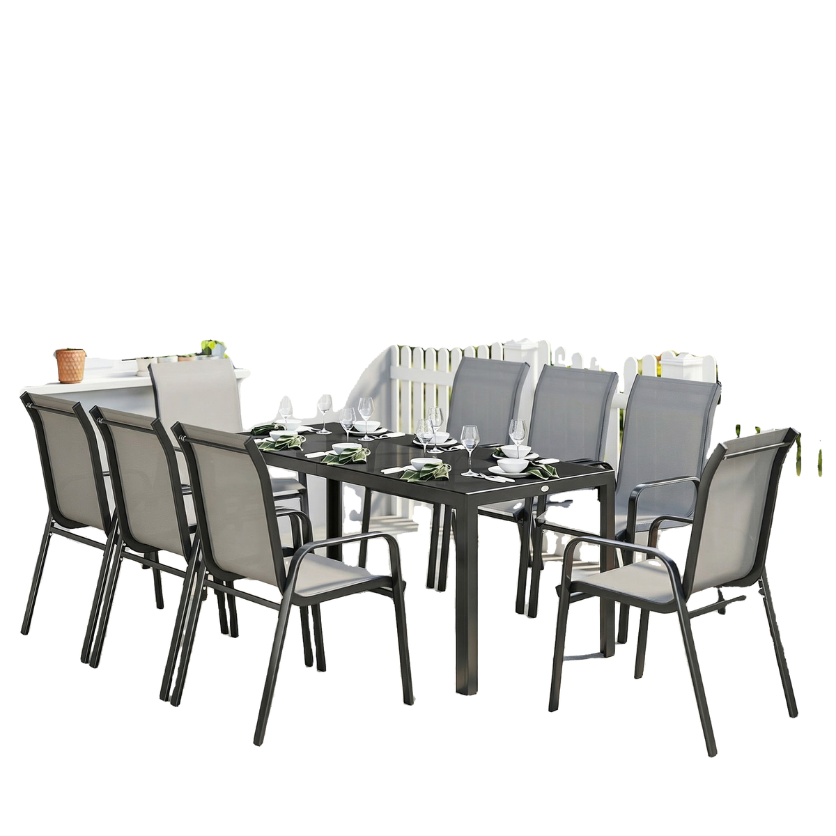 9 Pieces Patio Set with Stackable Chairs, Patio Dining Set with Glass Top for Garden, Patio, Backyard, Light Grey