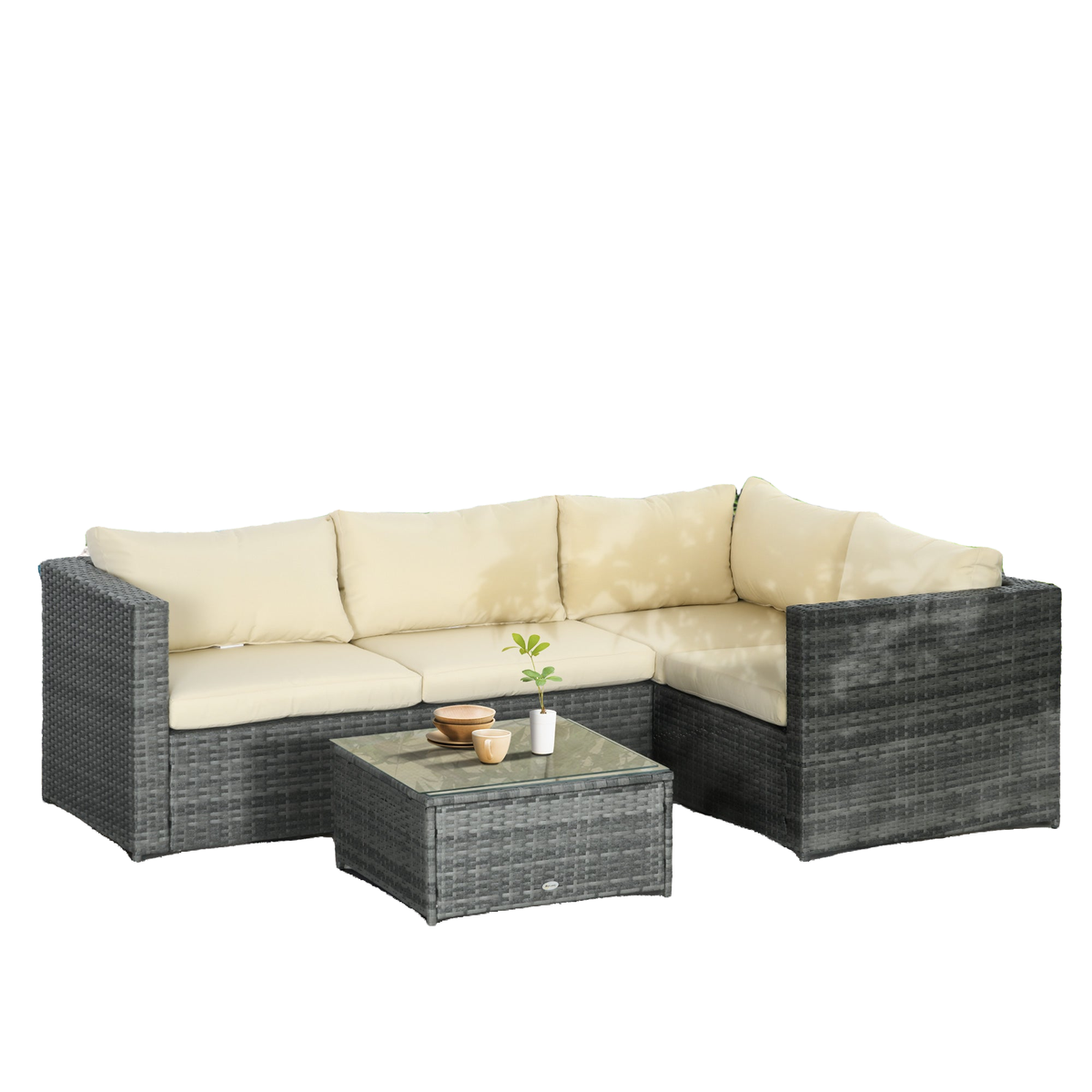 3 Pieces Rattan Wicker Outdoor Conversation Furniture Set w/ Loveseats Coffee Table Cushions for Garden, Patio, Beige