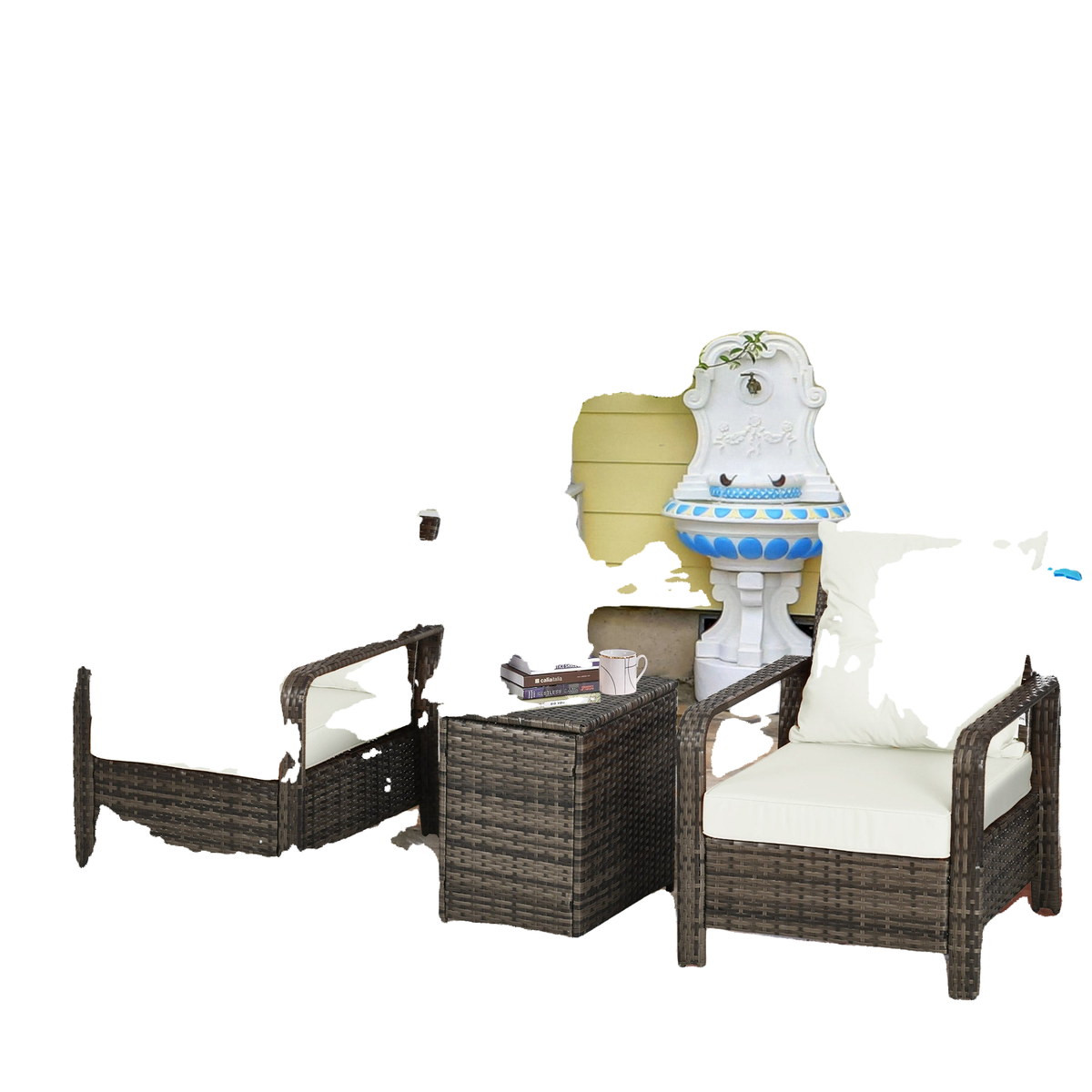 3 Pieces Wicker Patio Furniture Set, Rattan Bistro Set with Storage Coffee Table and Thickened Cushions, Outdoor Conversation Set for Garden, Porch, Balcony, Beige