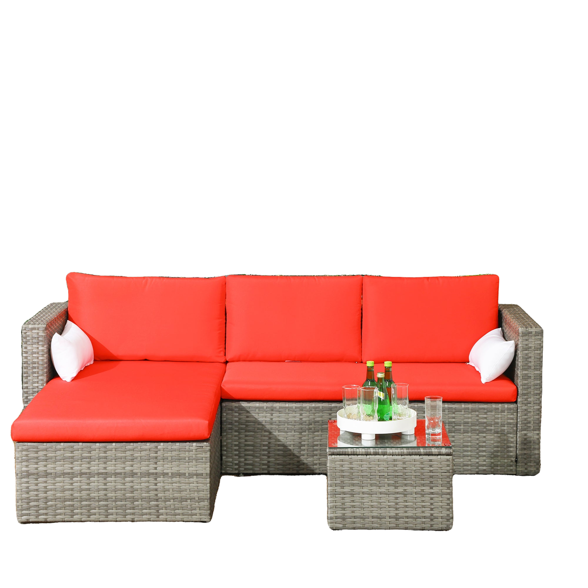 3pcs Modern Rattan Sofa Set, Wicker Patio Furniture Set with Coffee Table, Cushions, Pillows