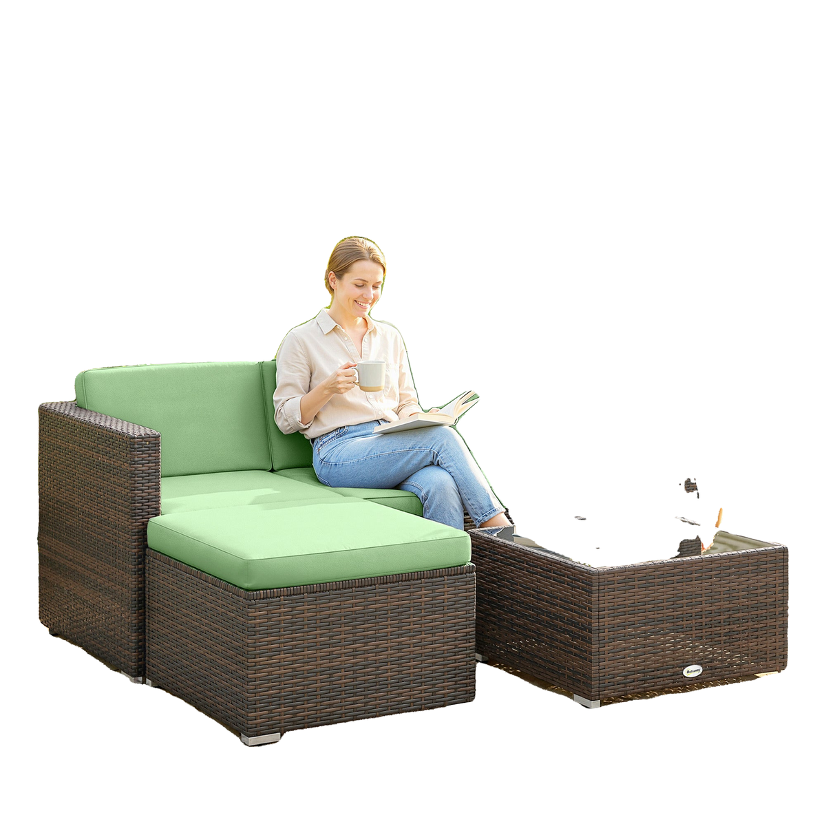 3 Pieces Patio Furniture Set with Cushions, Outdoor PE Rattan Wicker Conversation Corner Sofa Set, Light Green