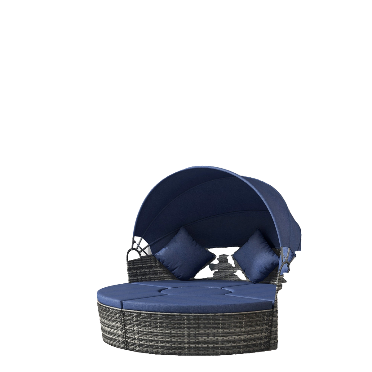 4 Pieces Outdoor Daybed with Retractable Canopy, Wicker Lounger Bed, Conversation Furniture Set, Dark Blue