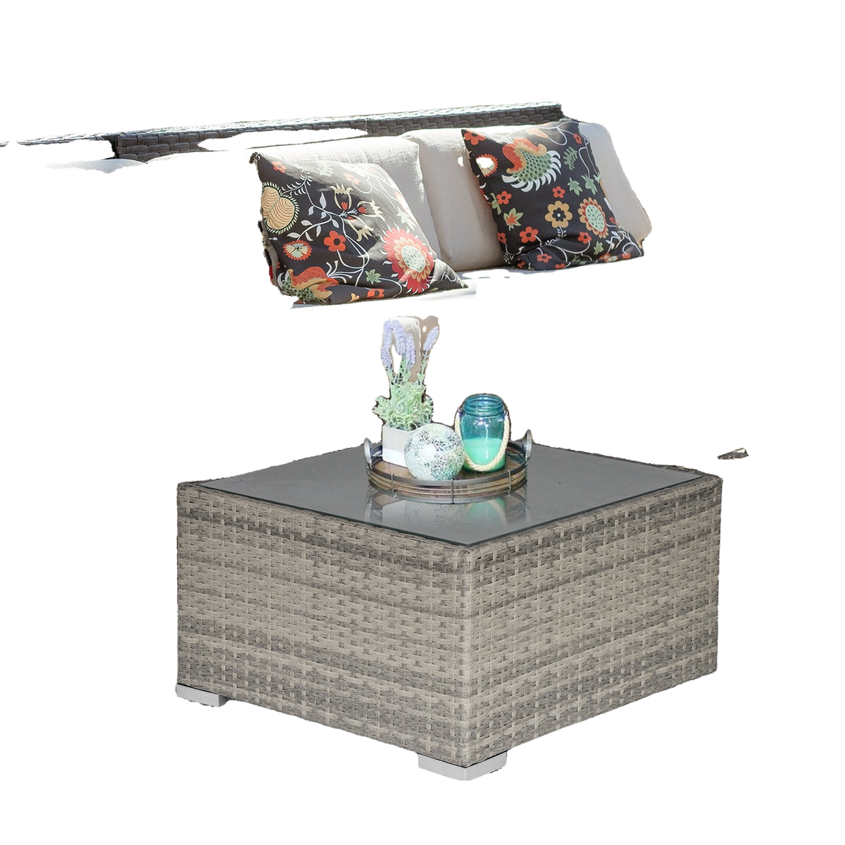 Rattan Garden Coffee Table, 25.6" Square Garden Rattan Table with Tempered Glass Top, Grey