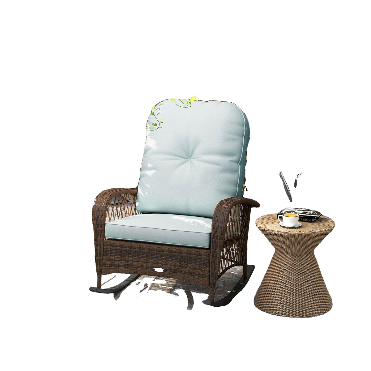 Outdoor Wicker Rattan Rocking Chair Patio Rocker with Thick Cushions for Garden Backyard Porch, Light Green