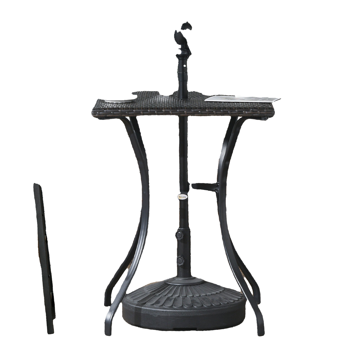 Patio Wicker Dining Table with Umbrella Hole, 34 Inch Outdoor PE Rattan Coffee Table with Plastic Board Under the Woven Table Top for Patio, Garden, Balcony, Mixed Brown